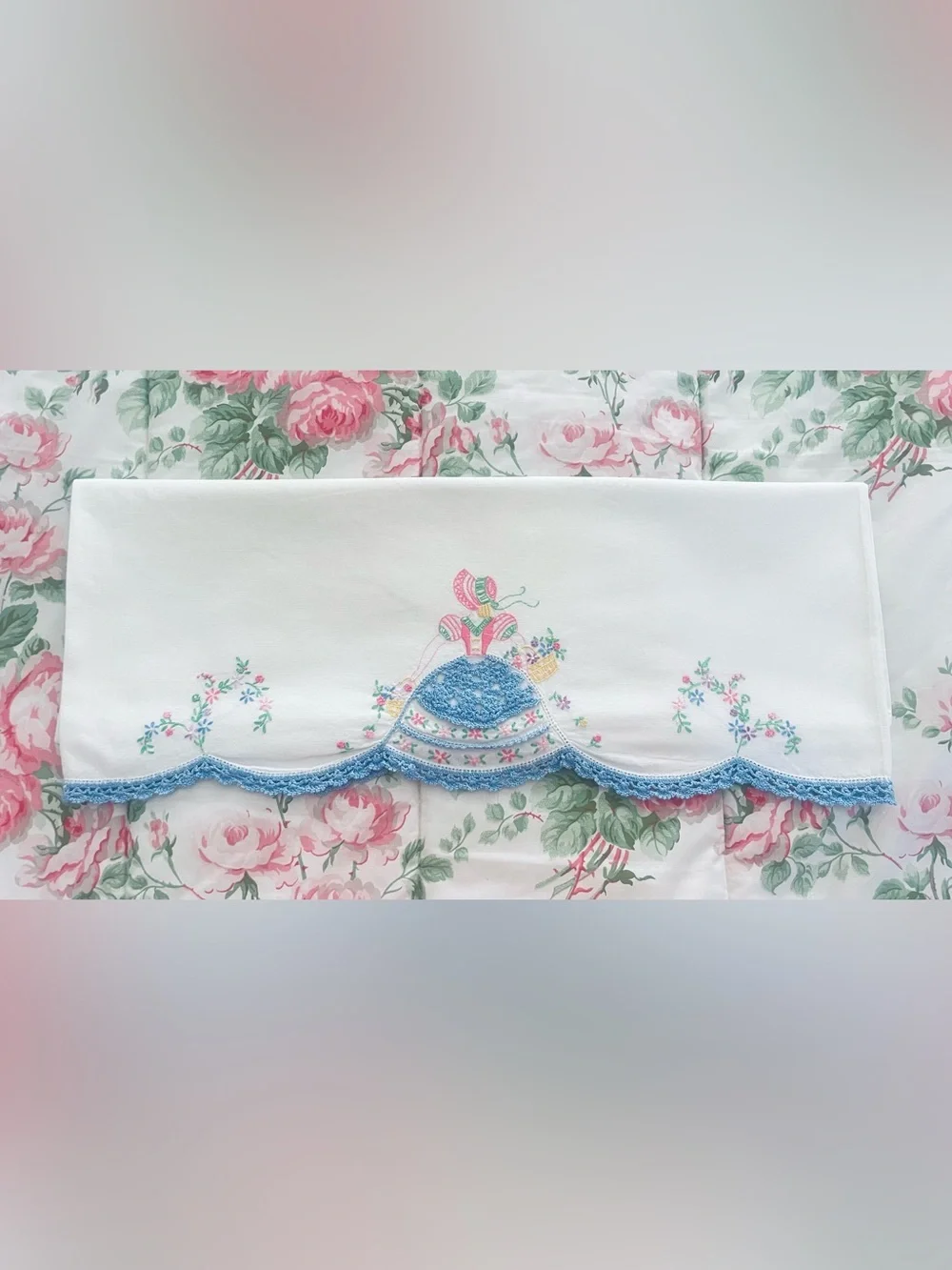 Vintage Pillowcase Southern Belle Hand Embroidered & Crocheted Cotton Pink Blue